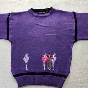 Vintage Purple Crewneck Sweater with Embroidered Figures